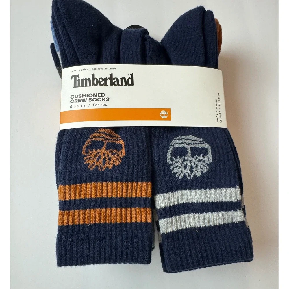Timberland Mens 6 Pair‎ Cushioned Crew Socks Navy Grey 9-12